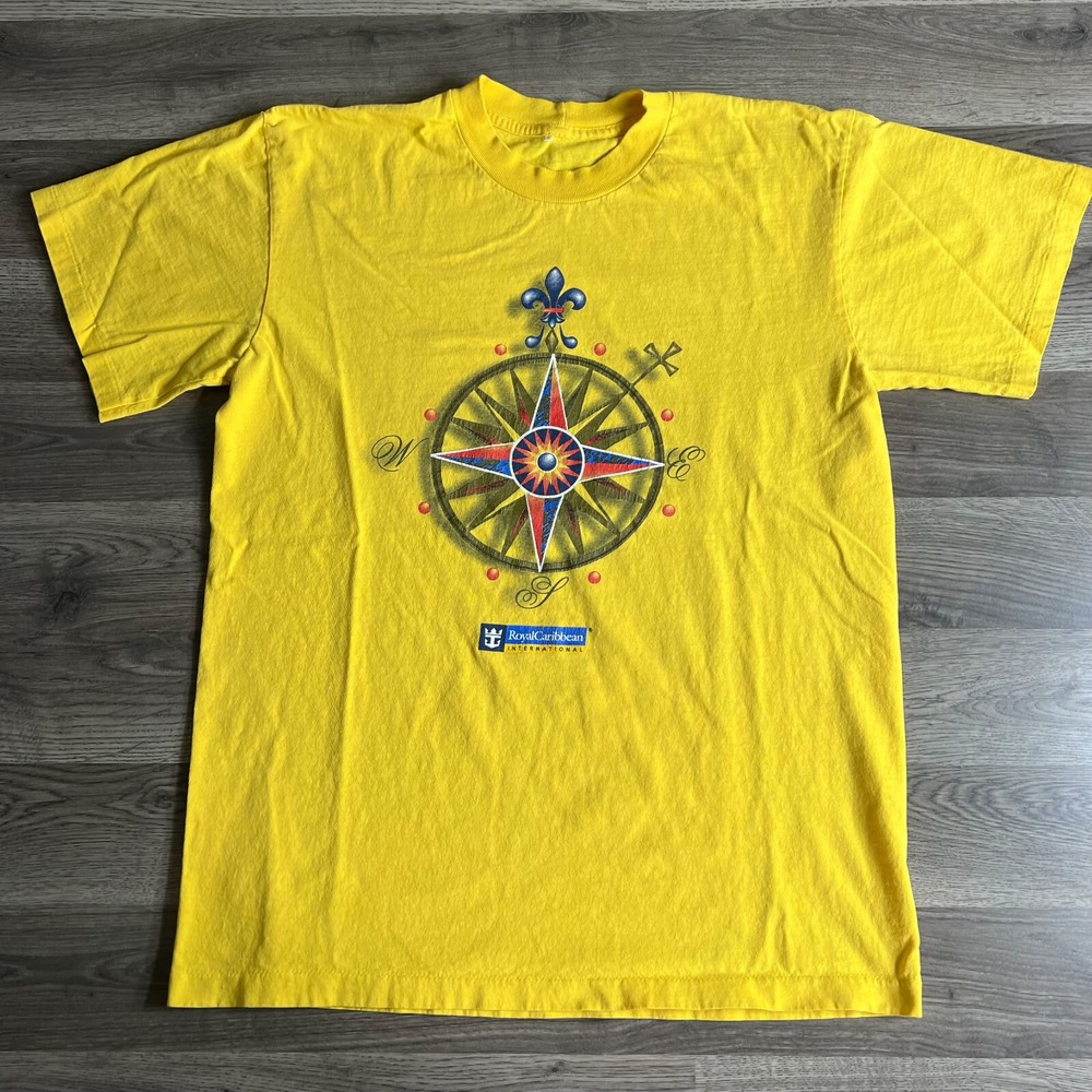 VTG Nautical Compass T Shirt Fits Large Royal Caribbean Cruise Yellow 1990s 90s‎